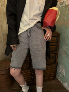 Moershop Tanning Artist Grey Vintage Five-Quarter Womens High Waist Straight Leg Shorts Summer Denim Pants Deep Color