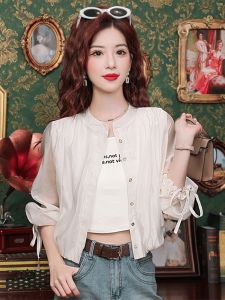 เสื้อเชิ้ตแขนยาวกันแดดแบบบางหลวมๆ สไตล์เกาหลี ฤดูร้อน 2024 เสื้อคลุมกันหนาวแบบลำลองสำหรับผู้หญิง ผ้าฝ้ายผสมโพลีเอสเตอร์