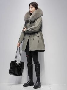 Womens Parka Coat Removable Otter Rabbit Fur Lining Fox Fur Collar Mid-Length Winter New Style Faux Fur Jacket Standard Fit