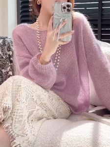 QINGNAER | Gentle & Lazy Spring 2025 New Large Size Lavender See-Through Knitted Shirt
