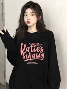 Loose Long Sleeve round Neck T-Shirt for Junior And High School Girls Black Spring Autumn New Style Cotton Comfortable Top
