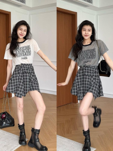 Shalldoer | Summer 2025 Womens Short Sleeve T-Shirt and High Waist Mini Skirt Two-Piece Set Letter Print Slimming Design Casual Outfit