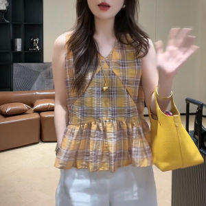 Shalldoer | Retro Hong Kong Style V-neck Plaid Patchwork Sleeveless Shirt Womens Summer Fashion Versatile Youthful Top Casual Loose Fit
