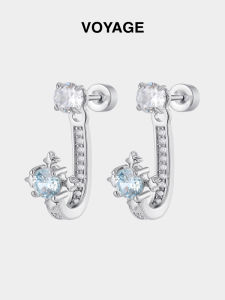 Blue Starburst Earrings Womens Fashion Titanium Alloy Zirconia Post- Mounted Flashing Ear Jewelry round Shape Non-Allergenic