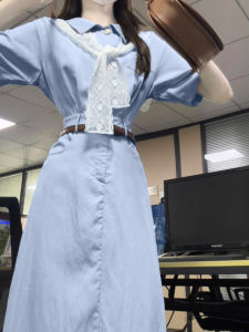 SUSIEYUAN | French Style Blue Shirt Dress Womens Summer Waist-Cinching Long Skirt Sweet A-Line Mini Dress Polyester Nylon Fiber Workwear