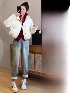 ฤดูหนาว แฟชั่น ผู้หญิง บุขนเป็ดผ้าฝ้าย เสื้อแจ็คเก็ต และ กางเกงยีนส์ ชุดสองชิ้น อุ่น มีสไตล์ เสื้อแจ๊กเก็ตคุณภาพสูงสําหรับการเดินทาง