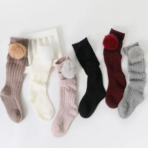 0-7Years Kids Girls Socks Cotton Solid Color Fur Ball Knee High Childrens Socks For Girls Winter Warm Knitted Baby Stocking