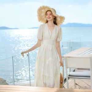 XIANGYING | French Style V-Neck Tencel Long Dress with Heavy Embroidery and Waist Cinching