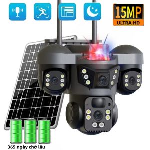 Camera Năng Lượng Mặt Trời Không Dây 15MP Với Ba Ống Kính Và Màn Hình Hỗ Trợ Thẻ SIM 4G Phát Hiện Chuyển Động Người Giám Sát Ngoài Trời V380 Màu Đen