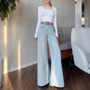 Light Blue High Waist Wide Leg Jeans Womens Loose Straight Micro Flared Pants Dragging Sensation Casual Wear All Seasons