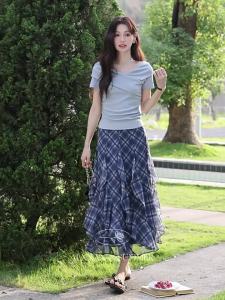 Chân Váy Caro Xanh Phong Cách Retro Cao Waist Xẻ Dưới Không Đều