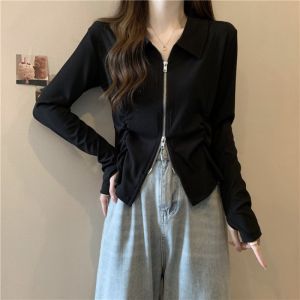 Slimming Design Short Polo Base Shirt Women Early Autumn Large Size Double Zipper European Style Small Shirt Commute Style