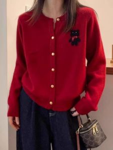 Christmas Atmosphere Embroidered Bear Red Knitted round Neck Sweater Coat Womens Autumn Winter New Style Commute Style Straight Tube