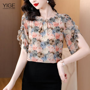 Áo cánh nữ bằng voan đẹp 2023 mùa hè tay ngắn cổ tròn che bụng thường ngày Áo sơ mi nữ in thanh lịch