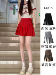 Red A-Line Mini Skirt Womens High Waist Pleated Slimming Spring Autumn College Style Suit Fabric Half-length Skirt Pants