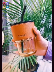 Japanese Original Instant Straw Coffee Cup with Lid for Both Hot and Cold Use PU Thick Leather Cup for Men and Women Drinking Water or Coffee Pot