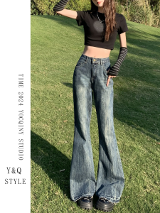 High Waist Wide Leg Denim Blue Cotton Pants for Women Micro-pants Style with Buttoned Waist and Rouched Edges