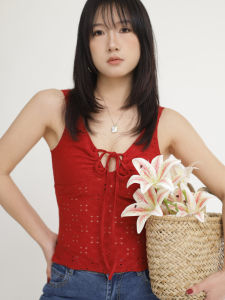 Ohmyloli French Red Embroidered Hollow out Slim Fit Vest Vintage V Neck Drawstring Waist Top Commute Style Polyester Casual Vest