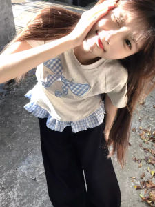 Áo Thun Cotton Tay Ngắn Mùa Hè Cho Nữ Áo Thun Cổ Tròn Họa Tiết Kẻ Caro Vá Thắt Nút Bướm Dáng Ôm Mặc Thường Ngày