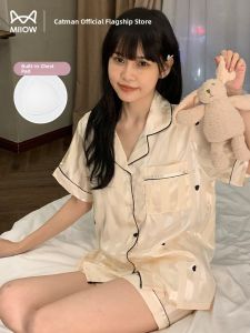Miiow | Cat Woman Summer Ice Silk Sleepwear Short Sleeve Thin Home Clothes Womens Sweet High-End Feeling New 2025 Style With Chest Pad