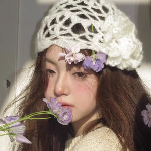 Small Knitted Woolen Hat Hollow out Floral 3D Embroidery All-Match Big Head Size Overhead Style Trendy Womens Cap