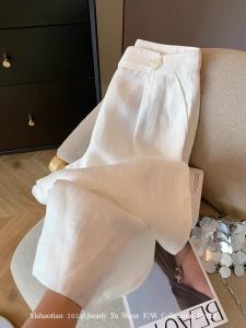 White Linen Wide Leg Pants Womens Summer Thin Design Sense High Waist Drape Slim Straight Casual Trousers Commute Style Long Pants