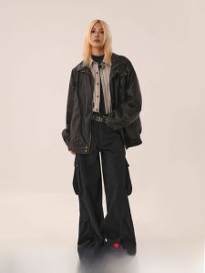 American Style Brown Leather Jacket Womens Autumn Winter Black Vintage Bagel Style Clothing Mens Loose Fit Streetwear