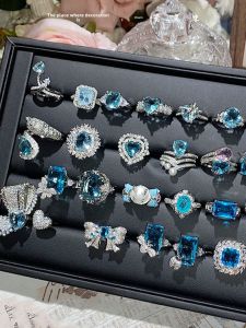 Super White Parra Glacier Lake Blue Ring Female Imitation Aquamarine Index Finger Ring Micro Inlaid Zircon Accessible Luxury Ocean Blue Ring