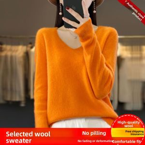Erdos Womens Pure Wool Knitted V-Neck Sweater Spring Autumn Loose Thin Base Layer Sweater Warm Thermal Long Sleeve Crew Neck