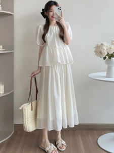 Maternity Summer Dress Loose Frock Style White Chiffon Long Skirt Cover Belly Chinese New Style round Neck Short Sleeve