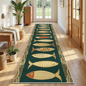 VIKAMA Mediterranean Cartoon Fish Runner Rug Nautical Wave Long Hallway Floor Mat Non Slip Washable Kitchen Entry Home Decor