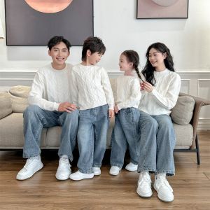Red Autumn Winter Sweater Family Matching Clothes Couple Photoshoot Outfits Kids Clothing Pyjamas Set for Three Generations