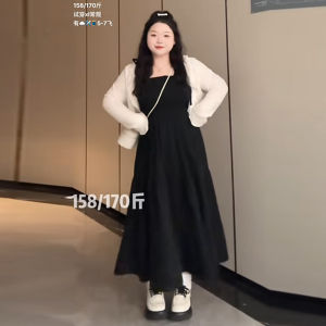 plus Size French Hepburn Style Wrap Dress Set Womens Autumn Slimming Belly Covering Sun Protection Open Cardigan Casual A-Line Skirt Long Sleeve