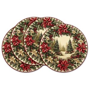 VIKAMA 4PC Giáng Sinh Placemats Holly Berries Phong Cảnh Tuyết Rừng Thông Polyester Không Dệt Trang Trí Bàn Ăn Cho Tiệc Tại Nhà