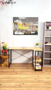 U-RO DECOR โต๊ะทำงานอเนกประสงค์ รุ่น LATON (ลาตัน) สีไลท์โอ๊ค/ขาดำ พร้อมชั้นวางของ