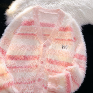 Soft Faux Mink Knitted Sweater V-Neck Long Sleeve Womens Outerwear Pink Striped Fluffy Cardigan Coat Sweet Style Autumn Wear