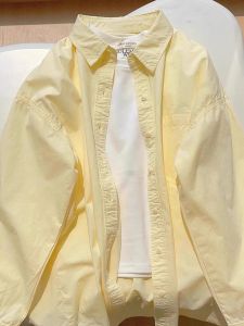 Pure Cotton Yellow Womens Long Sleeve Shirt Thin Outerwear Sun Protection Top Commute Fashion Autumn Summer New Arrival
