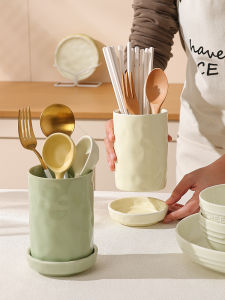 Trendy Ceramic Chopsticks Holder Drainable Kitchen Utensil Storage Rack Nordic Style round Single Tube Chopsticks Spoon Storage