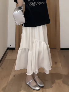 plus Size Womens A-Line Fish Tail Half Skirt Elastic Waist High Waist Korean Style Commute Summer 2025 Slimming Versatile Midi Skirt