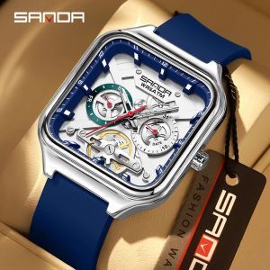 Sanda | SANDA New Casual Mens Square Watches Fashion Hollow Skeleton Luminous 5ATM Waterproof Multifunction Chronograph Quartz Watch