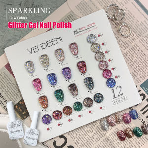 Vendeeni 12 Colors Glitter Laser Sequins Gel Nail Polish Semi Permanent UV Soak Off Gel Varnish Party Flash Nail Art Gel Lacquer