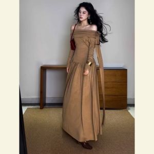 SHANGSHA | Elegant Stylish Caramel Color Off-shoulder Waist-accentuating Autumn Dress