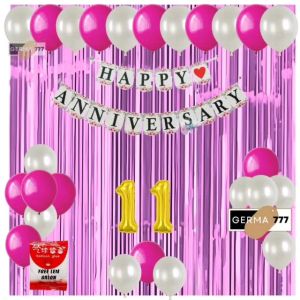 Set Dekorasi Pesta Balon Ulang Tahun Pernikahan Banner Happy Anniversary Putih Tirai Pink Muda