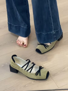 Retro Green Thick Heel High Heels Womens Slip-On Square Head Single Shoes Leather Version French Mary Janes Fashion Shoes