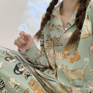 ชุดนอนผู้หญิงแขนยาวผ้าฝ้ายแท้ 2024 ฤดูใบไม้ร่วง ฤดูใบไม้ผลิ ชุดอยู่บ้านลายแมวสุดน่ารัก ชุดนอนผู้หญิงฤดูร้อน สไตล์ใหม่