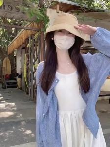 DUOFEIYAN | Summer Light Blue Stripe Cotton Linen Long Sleeve Womens Shirt