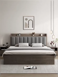 TableTrove เตียงคู่ไม้เนื้อแข็งสไตล์โมเดิร์นมินิมอล สีโอ๊คสีเทา ขนาด 4/5/6 ฟุต ขายตรงจากโรงงาน ให้เช่า ตกแต่งบ้าน ห้องนอนใหญ่ เตียงคู่