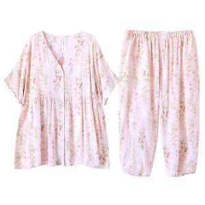 plus Size Summer Sleepwear Ice Silk Cotton Silk Short Sleeve Seven Eighteen Pants Womens Fat MM Sleepwear Whale Sleep