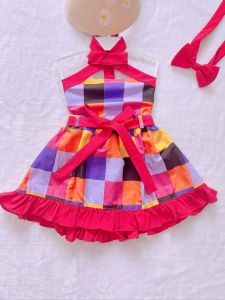 ชุดเซ็ทลายตาราง เสื้อผูกคอ+กระโปรงบานระบาย+ผ้าคาดผม+เข็มขัดงานเลียนแบบผู้ใหญ่ใหม่ล่าสุดใส่แล้วสวย