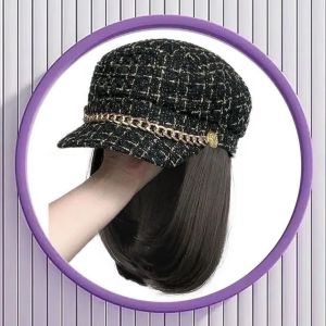 Fashionable Womens Autumn Winter New Style Hat Wig Integrated Short Hair Bob Hairstyle Full Head Cover Wig Octagonal Hat